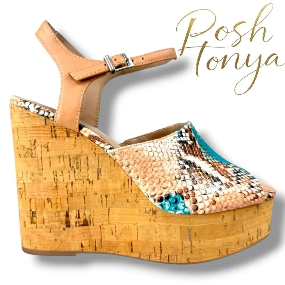 Charles David Dory Snakeskin Cork Wedge Sandals Python Womens Size 8 Euro Summer